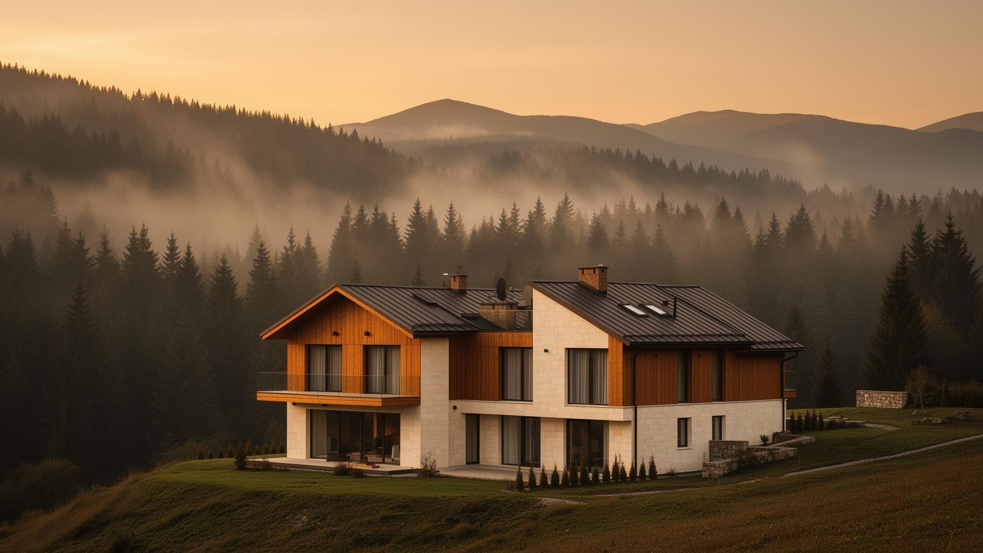 Pensiunea Urban Point at dusk above the Carpathians